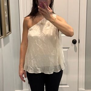 Alice + Olivia Cream One-Shoulder Silk Blouse